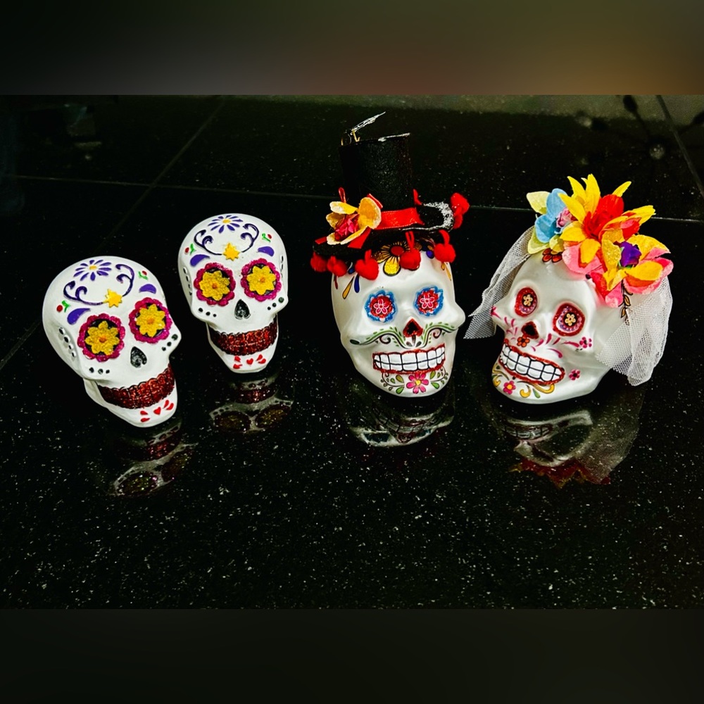 - 2-Glass Sugar Skull Bride & Groom Ornaments 2- Ceramic Witnesses